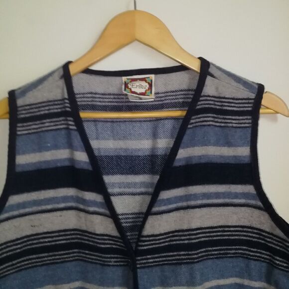 VINTAGE Blue & Grey Stripes Boiled Wool Western Sleeveless Vest Size Medium - Picture 3 of 11